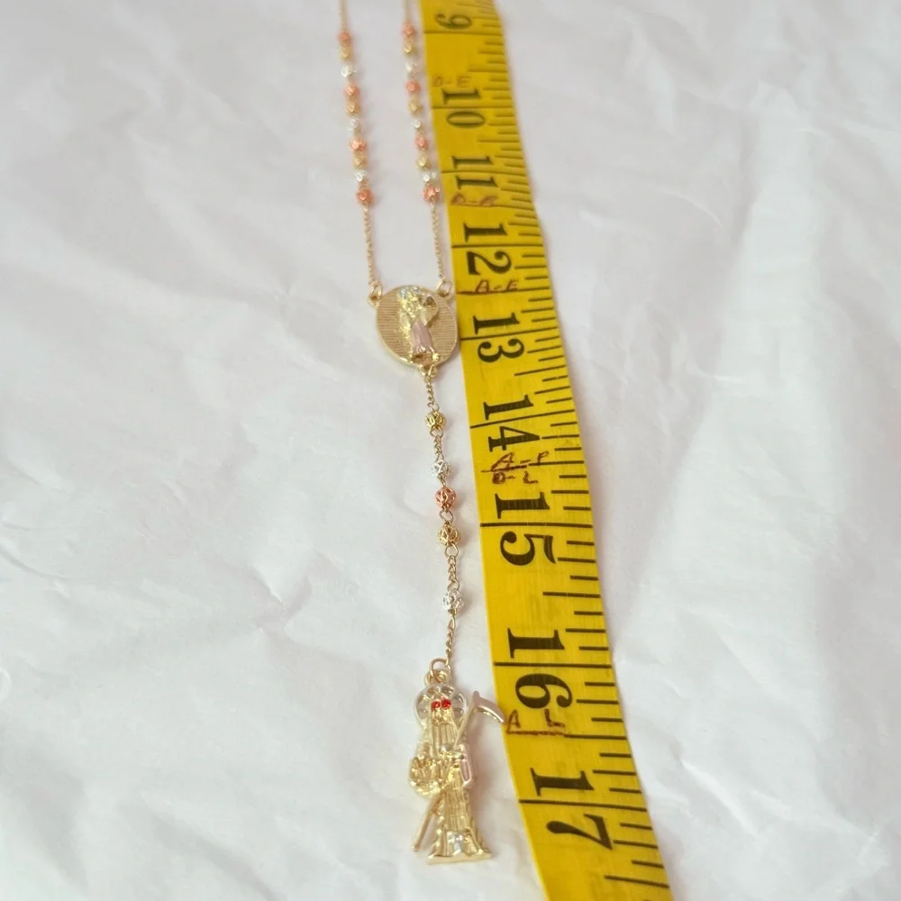 New, Rosary, tricolor Laminated Gold‎ with image of the holy death. unisex